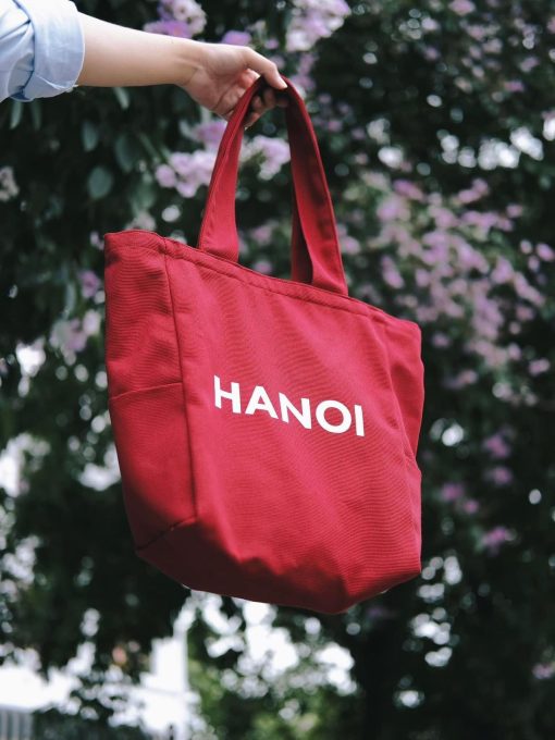 Vẽ túi Tote canvas màu đỏ in hanoi