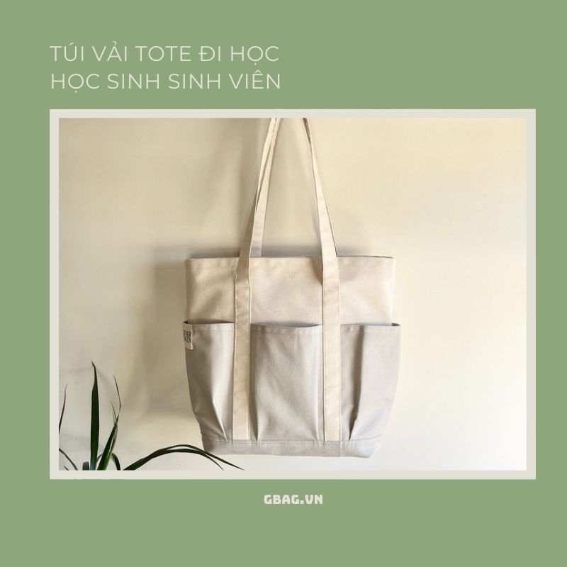 Túi tote vải canvas đi học cho học sinh - sinh viên nam màu kem