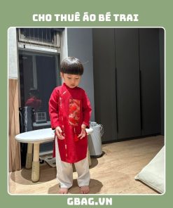 Áo Dài Bé Trai Vải Linen Màu Đỏ Phối Gấm